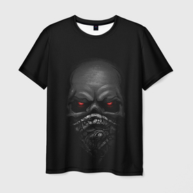 Мужская футболка 3D с принтом ВЗГЛЯД ИЗ ТЕМНОТЫ, в Петрозаводске, 100% полиэфир | прямой крой, круглый вырез горловины, длина до линии бедер | балаклава | взгляд | глаза | зомби | маска | мертвец | минимализм | темнота | череп
