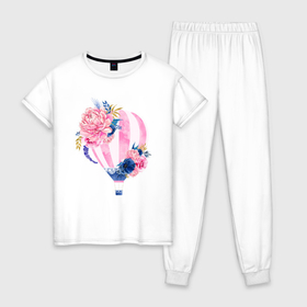 Женская пижама хлопок с принтом Воздушный шар в Тюмени, 100% хлопок | брюки и футболка прямого кроя, без карманов, на брюках мягкая резинка на поясе и по низу штанин | акварель | воздушный шар | пионы | рисунок | цветы