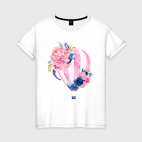 Женская футболка хлопок с принтом Воздушный шар в Белгороде, 100% хлопок | прямой крой, круглый вырез горловины, длина до линии бедер, слегка спущенное плечо | акварель | воздушный шар | пионы | рисунок | цветы