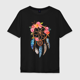 Мужская футболка хлопок Oversize с принтом Ловец снов в Санкт-Петербурге, 100% хлопок | свободный крой, круглый ворот, “спинка” длиннее передней части | акварель | ловец снов | перья | рисунок | цветы