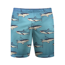 Мужские шорты спортивные с принтом Акулы Паттерн в Тюмени,  |  | shark | акулы | иллюстрация | морские жители | морские обитатели | паттерн | рисунок | рыбы