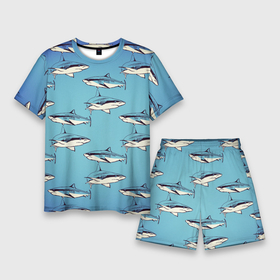 Мужской костюм с шортами 3D с принтом Акулы Паттерн в Санкт-Петербурге,  |  | shark | акулы | иллюстрация | морские жители | морские обитатели | паттерн | рисунок | рыбы