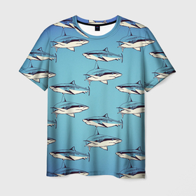 Мужская футболка 3D с принтом Акулы Паттерн в Курске, 100% полиэфир | прямой крой, круглый вырез горловины, длина до линии бедер | Тематика изображения на принте: shark | акулы | иллюстрация | морские жители | морские обитатели | паттерн | рисунок | рыбы