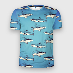 Мужская футболка 3D спортивная с принтом Акулы Паттерн в Белгороде, 100% полиэстер с улучшенными характеристиками | приталенный силуэт, круглая горловина, широкие плечи, сужается к линии бедра | shark | акулы | иллюстрация | морские жители | морские обитатели | паттерн | рисунок | рыбы