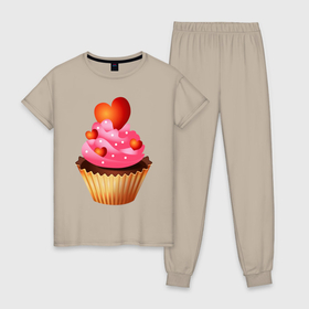 Женская пижама хлопок с принтом Кекс в Кировске, 100% хлопок | брюки и футболка прямого кроя, без карманов, на брюках мягкая резинка на поясе и по низу штанин | cake | sweet | кекс | сердечки | сладость