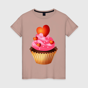 Женская футболка хлопок с принтом Кекс в Петрозаводске, 100% хлопок | прямой крой, круглый вырез горловины, длина до линии бедер, слегка спущенное плечо | cake | sweet | кекс | сердечки | сладость