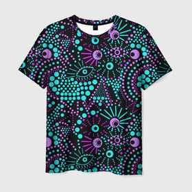 Мужская футболка 3D с принтом Яркий абстрактный узор  в Санкт-Петербурге, 100% полиэфир | прямой крой, круглый вырез горловины, длина до линии бедер | бирюзовый | в горошек | глаза | модный | молодежный | современный | фиолетовый | черный | экзотический