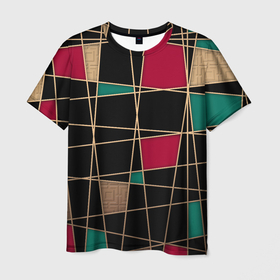 Мужская футболка 3D с принтом Модный  абстрактный узор  в Екатеринбурге, 100% полиэфир | прямой крой, круглый вырез горловины, длина до линии бедер | бирюзовый | золотой | красный | модный | молодежный | мужской | полосы | современный | текстура | черный