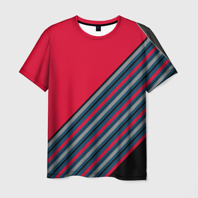 Мужская футболка 3D с принтом Абстрактный асимметричный  , 100% полиэфир | прямой крой, круглый вырез горловины, длина до линии бедер | асимметричный | комбинированный | косые полосы | красный | красный и синий | креативный | модный | молодежный | мужской | синие полосы