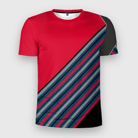 Мужская футболка 3D спортивная с принтом Абстрактный асимметричный  в Новосибирске, 100% полиэстер с улучшенными характеристиками | приталенный силуэт, круглая горловина, широкие плечи, сужается к линии бедра | асимметричный | комбинированный | косые полосы | красный | красный и синий | креативный | модный | молодежный | мужской | синие полосы