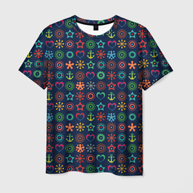 Мужская футболка 3D с принтом Морской разноцветный узор  в Кировске, 100% полиэфир | прямой крой, круглый вырез горловины, длина до линии бедер | абстрактный | детский | звезда | малышам | мальчиковый | модный | молодежный | море | синий | современный | якорь