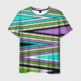 Мужская футболка 3D с принтом Абстрактный асимметричный  в Тюмени, 100% полиэфир | прямой крой, круглый вырез горловины, длина до линии бедер | асимметричный | бирюзовый молодежный | комбинированный | косые полосы | креативный | мужской | темный | фиолетовый | штрихи