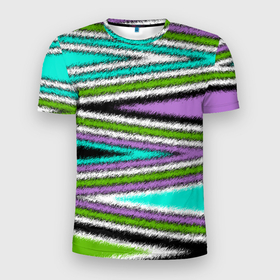 Мужская футболка 3D спортивная с принтом Абстрактный асимметричный  в Новосибирске, 100% полиэстер с улучшенными характеристиками | приталенный силуэт, круглая горловина, широкие плечи, сужается к линии бедра | асимметричный | бирюзовый молодежный | комбинированный | косые полосы | креативный | мужской | темный | фиолетовый | штрихи