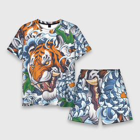 Мужской костюм с шортами 3D с принтом Тигр ,  |  | дикая кошка | зверь | клык | крупная кошка | тигр | хищник | хризантема | цветы | япония