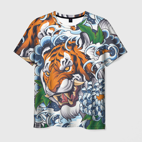 Мужская футболка 3D с принтом Тигр в Белгороде, 100% полиэфир | прямой крой, круглый вырез горловины, длина до линии бедер | дикая кошка | зверь | клык | крупная кошка | тигр | хищник | хризантема | цветы | япония