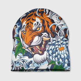 Шапка 3D с принтом Тигр в Курске, 100% полиэстер | универсальный размер, печать по всей поверхности изделия | дикая кошка | зверь | клык | крупная кошка | тигр | хищник | хризантема | цветы | япония
