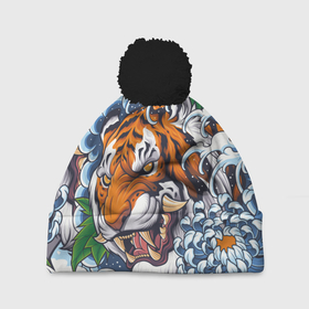 Шапка 3D c помпоном с принтом Тигр в Кировске, 100% полиэстер | универсальный размер, печать по всей поверхности изделия | дикая кошка | зверь | клык | крупная кошка | тигр | хищник | хризантема | цветы | япония