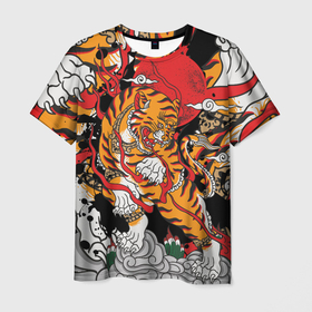 Мужская футболка 3D с принтом Самурайский тигр в Новосибирске, 100% полиэфир | прямой крой, круглый вырез горловины, длина до линии бедер | Тематика изображения на принте: воин | год тигра | закат | крупная кошка | полосы | тигр | тигриная лапа | хищник