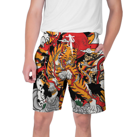 Мужские шорты 3D с принтом Самурайский тигр в Новосибирске,  полиэстер 100% | прямой крой, два кармана без застежек по бокам. Мягкая трикотажная резинка на поясе, внутри которой широкие завязки. Длина чуть выше колен | воин | год тигра | закат | крупная кошка | полосы | тигр | тигриная лапа | хищник