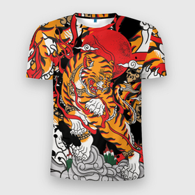 Мужская футболка 3D спортивная с принтом Самурайский тигр в Тюмени, 100% полиэстер с улучшенными характеристиками | приталенный силуэт, круглая горловина, широкие плечи, сужается к линии бедра | воин | год тигра | закат | крупная кошка | полосы | тигр | тигриная лапа | хищник