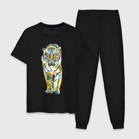 Мужская пижама хлопок с принтом Тигр-грация в Белгороде, 100% хлопок | брюки и футболка прямого кроя, без карманов, на брюках мягкая резинка на поясе и по низу штанин
 | tiger | арт | живопись | кошка | крупная кошка | тигр | хищник