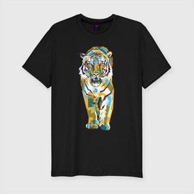 Мужская футболка хлопок Slim с принтом Тигр-грация в Екатеринбурге, 92% хлопок, 8% лайкра | приталенный силуэт, круглый вырез ворота, длина до линии бедра, короткий рукав | tiger | арт | живопись | кошка | крупная кошка | тигр | хищник