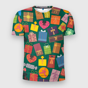 Мужская футболка 3D спортивная с принтом Подарки в Кировске, 100% полиэстер с улучшенными характеристиками | приталенный силуэт, круглая горловина, широкие плечи, сужается к линии бедра | коробки | новый год | подарки | праздник | упаковка