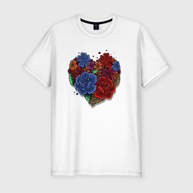 Мужская футболка хлопок Slim с принтом Цветочное сердце в Екатеринбурге, 92% хлопок, 8% лайкра | приталенный силуэт, круглый вырез ворота, длина до линии бедра, короткий рукав | colorful | love | иллюстрация | роза | цветок | цветы
