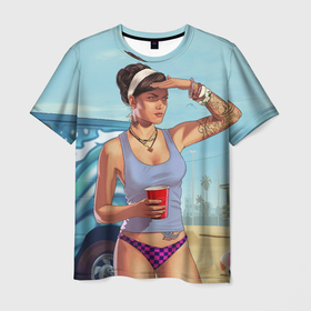 Мужская футболка 3D с принтом girl with coffee в Новосибирске, 100% полиэфир | прямой крой, круглый вырез горловины, длина до линии бедер | Тематика изображения на принте: art | beach | car | game | grand theft auto v | gta 5 | gta online | sand | sky | арт | гта 5 | гта онлайн | игра | машина | небо | песок | пляж