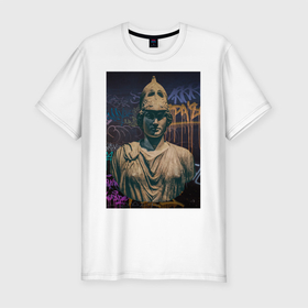 Мужская футболка хлопок Slim с принтом Goddess Athena в Екатеринбурге, 92% хлопок, 8% лайкра | приталенный силуэт, круглый вырез ворота, длина до линии бедра, короткий рукав | афина | богиня | граффити | картина | надписи | скульптура | статуя | узоры | уличный стиль | шлем