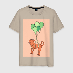 Мужская футболка хлопок с принтом собака в Новосибирске, 100% хлопок | прямой крой, круглый вырез горловины, длина до линии бедер, слегка спущенное плечо. | dog | воздушные шарики | летающая собака | полет | собака