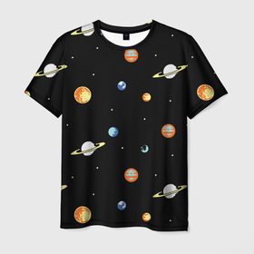 Мужская футболка 3D с принтом Планеты в космосе в Новосибирске, 100% полиэфир | прямой крой, круглый вырез горловины, длина до линии бедер | Тематика изображения на принте: венера | звезды | земля | иллюстрация | космос | паттерн | планеты | рисунок | сатурн | черный | юпитер