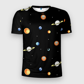 Мужская футболка 3D спортивная с принтом Планеты в космосе в Санкт-Петербурге, 100% полиэстер с улучшенными характеристиками | приталенный силуэт, круглая горловина, широкие плечи, сужается к линии бедра | венера | звезды | земля | иллюстрация | космос | паттерн | планеты | рисунок | сатурн | черный | юпитер