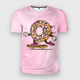 Мужская футболка 3D спортивная с принтом Пончик на скейте в Белгороде, 100% полиэстер с улучшенными характеристиками | приталенный силуэт, круглая горловина, широкие плечи, сужается к линии бедра | Тематика изображения на принте: donkey | sport | пончик | скейт | скорость | сладость