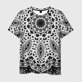 Мужская футболка 3D с принтом Черно-белый орнамент  в Новосибирске, 100% полиэфир | прямой крой, круглый вырез горловины, длина до линии бедер | калейдоскоп | круглый орнамент | орнамент | серый | серый и черный | современный | черно белый
