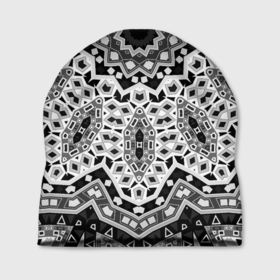 Шапка 3D с принтом Черно-белый орнамент  в Санкт-Петербурге, 100% полиэстер | универсальный размер, печать по всей поверхности изделия | Тематика изображения на принте: калейдоскоп | круглый орнамент | орнамент | серый | серый и черный | современный | черно белый