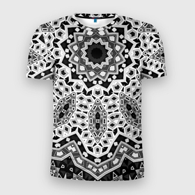 Мужская футболка 3D спортивная с принтом Черно-белый орнамент  в Белгороде, 100% полиэстер с улучшенными характеристиками | приталенный силуэт, круглая горловина, широкие плечи, сужается к линии бедра | калейдоскоп | круглый орнамент | орнамент | серый | серый и черный | современный | черно белый