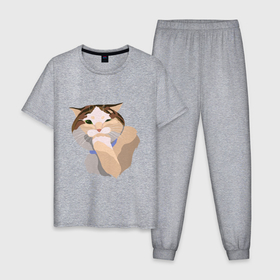 Мужская пижама хлопок с принтом Подмигивающий котик в Екатеринбурге, 100% хлопок | брюки и футболка прямого кроя, без карманов, на брюках мягкая резинка на поясе и по низу штанин
 | Тематика изображения на принте: котик | милый | подмигивание | пушистый | пятна