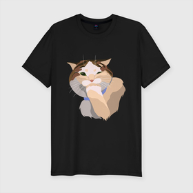 Мужская футболка хлопок Slim с принтом Подмигивающий котик в Белгороде, 92% хлопок, 8% лайкра | приталенный силуэт, круглый вырез ворота, длина до линии бедра, короткий рукав | котик | милый | подмигивание | пушистый | пятна
