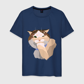 Мужская футболка хлопок с принтом Подмигивающий котик в Екатеринбурге, 100% хлопок | прямой крой, круглый вырез горловины, длина до линии бедер, слегка спущенное плечо. | Тематика изображения на принте: котик | милый | подмигивание | пушистый | пятна