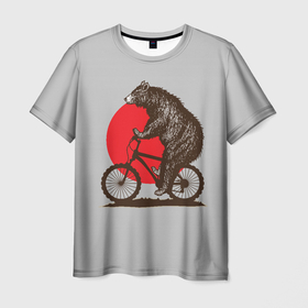 Мужская футболка 3D с принтом Медведь на велосиеде в Курске, 100% полиэфир | прямой крой, круглый вырез горловины, длина до линии бедер | Тематика изображения на принте: вело | велосипед | медведь | солнце | спорт | япония