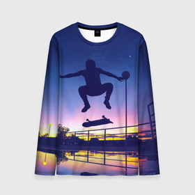 Мужской лонгслив 3D с принтом Skateboarding в Белгороде, 100% полиэстер | длинные рукава, круглый вырез горловины, полуприлегающий силуэт | Тематика изображения на принте: board | man | skate | skateboard | skateboarder | skateboarding | sport | street | sunset | доска | закат | скейт | скейтборд | скейтбординг | скейтбордист | спорт | улица | человек