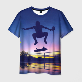 Мужская футболка 3D с принтом Skateboarding , 100% полиэфир | прямой крой, круглый вырез горловины, длина до линии бедер | board | man | skate | skateboard | skateboarder | skateboarding | sport | street | sunset | доска | закат | скейт | скейтборд | скейтбординг | скейтбордист | спорт | улица | человек