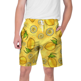 Мужские шорты 3D с принтом Лимончик ,  полиэстер 100% | прямой крой, два кармана без застежек по бокам. Мягкая трикотажная резинка на поясе, внутри которой широкие завязки. Длина чуть выше колен | вечеринка | другу | еда | лимон | подруге | фрукты