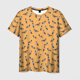 Мужская футболка 3D с принтом Голуби паттерн на желтом в Кировске, 100% полиэфир | прямой крой, круглый вырез горловины, длина до линии бедер | голуби | голубь | домашние голуби | желтый | иллюстрация | паттерн | птица | птицы
