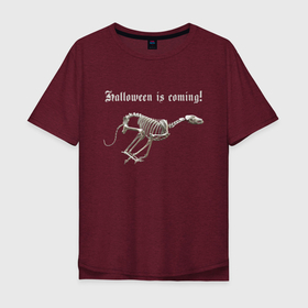 Мужская футболка хлопок Oversize с принтом Halloween is coming в Тюмени, 100% хлопок | свободный крой, круглый ворот, “спинка” длиннее передней части | bones | dog | halloween | holiday | hype | runing | skeleton | бег | кости | скелет | собака | хайп | хзллоуин