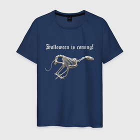 Мужская футболка хлопок с принтом Halloween is coming в Тюмени, 100% хлопок | прямой крой, круглый вырез горловины, длина до линии бедер, слегка спущенное плечо. | bones | dog | halloween | holiday | hype | runing | skeleton | бег | кости | скелет | собака | хайп | хзллоуин
