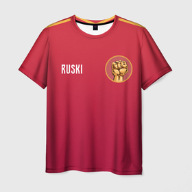 Мужская футболка 3D с принтом YA RUSKI | Я РУССКИЙ в Тюмени, 100% полиэфир | прямой крой, круглый вырез горловины, длина до линии бедер | ruski | russia | russki | желтые полосы | красная | красный | кулак | кулак вверх | россия | ссср | форма ссср | я русский
