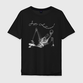 Мужская футболка хлопок Oversize с принтом X-ray of a cool girl в Санкт-Петербурге, 100% хлопок | свободный крой, круглый ворот, “спинка” длиннее передней части | bones | girl | holiday | hype | pose | sandals | skull | x ray | босоножки | кости | праздник | рентген | хайп | череп