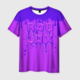 Мужская футболка 3D с принтом ROBLOX ФИОЛЕТОВЫЕ ПОДТЕКИ в Петрозаводске, 100% полиэфир | прямой крой, круглый вырез горловины, длина до линии бедер | roblox | игра | компьютерная игра | логотип | онлайн | онлайн игра | подтеки | роблакс | роблокс